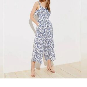 LOFT White and Blue Floral Jumpsuit